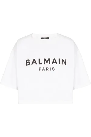 Balmain Top, Dame, Hvid, XS, Bomuld, Cropped T-shirt med logoprint