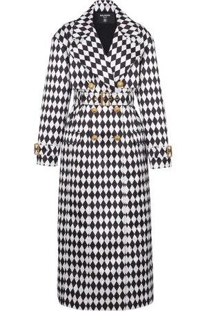 Balmain Frakke, Dame, Sort, M, Uld, Diamantmønster bæltet trenchcoat