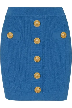 Balmain Nederdel, Dame, Blå, S, Uld, Blå Strik Blyantsnederdel med Guld Knapper