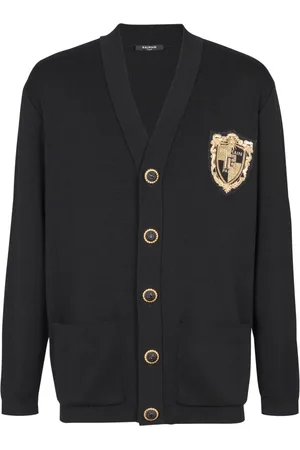 Balmain Strik, Herre, Sort, S, Uld, Strikket cardigan med broderet lap