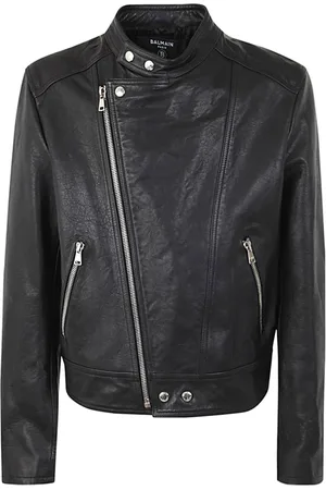 Balmain Jakke, Herre, Sort, 2XL, Læder, Lynlås Kalveskind Biker Jakke