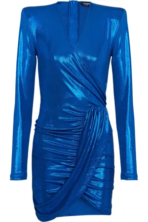 Balmain Kjole, Dame, Blå, S, Uld, Draped jersey lamé kjole