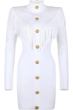 Balmain Kjole, Dame, Hvid, S, Uld, Hvid frynsekjole med diamantmønster