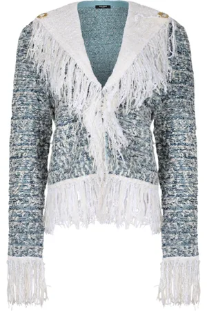 Balmain Jakke, Dame, Grå, M, Denim, Frynset Tweed Denim Jakke