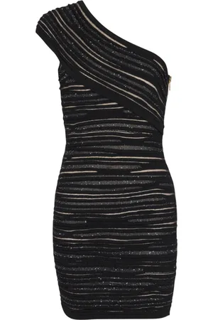 Balmain Kjole, Dame, Sort, M, Uld, Asymmetrisk kjole i blank rullet strik