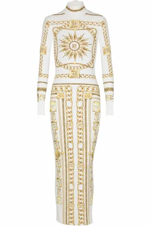 Balmain Kjole, Dame, Gul, S, Lang trykt bodycon-kjole med Foulard-mønster