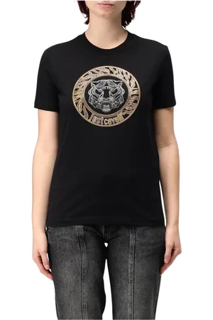 Roberto Cavalli Top, Dame, Sort, XL, Bomuld, Tiger Head Rhinestone T-Shirt