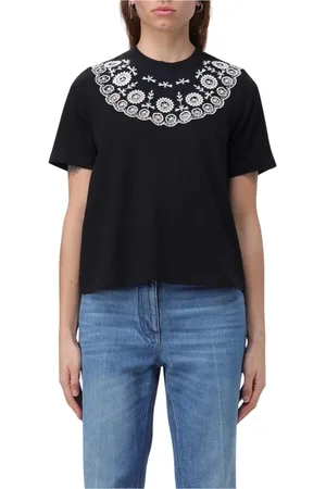 SEA Top, Dame, Sort, XS, Bomuld, Sort Broderet Halsudskæring T-Shirt