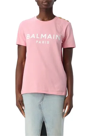 Balmain Top, Dame, Lyserød, XS, Bomuld, Klassisk Hvid Logo T-Shirt