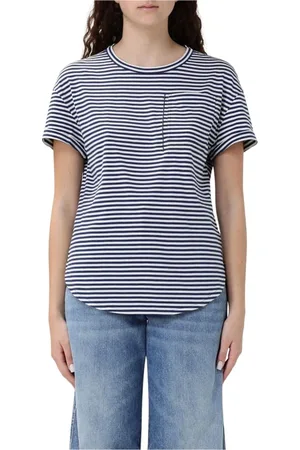 Brunello Cucinelli Top, Dame, Blå, 2XL, Bomuld, Multifarvet Stribet Lomme T-shirt