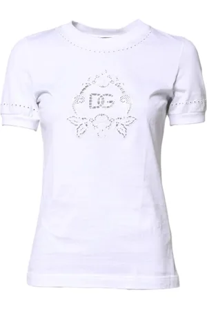 Dolce & Gabbana Top, Dame, Hvid, 3XS, Bomuld, Blomstret Logo Crew Neck T-shirt