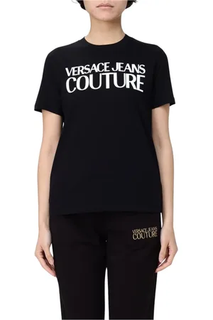VERSACE Top, Dame, Sort, XS, Uld, Grafisk Print T-shirt med Logo Detaljer