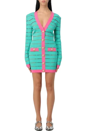 Balmain Kjole, Dame, Grøn, 2XS, Elegant Grøn Strik V-hals Kjole