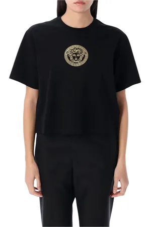 VERSACE Top, Dame, Sort, 2XS, Uld, Stilfuld Grafisk Print Sort T-Shirt