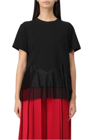 Twin-Set Top, Dame, Sort, XS, Bomuld, Sort Lagdelt T-shirt Med Plisseret Overlay