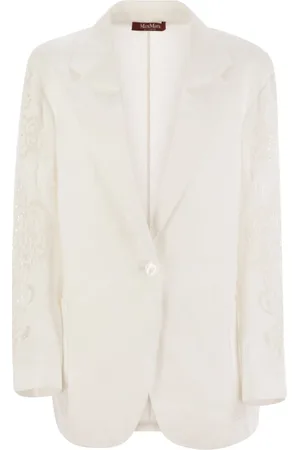 Max Mara Jakke, Dame, Hvid, XS, Linned, Hvid Oversize Hørjakke med Sangallo Broderi