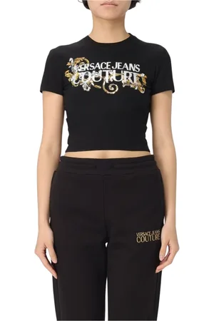 VERSACE Top, Dame, Sort, L, Uld, Ikonisk Logo Print Sort T-Shirt