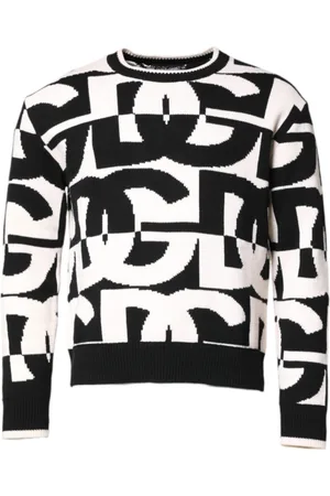 Dolce & Gabbana Strik, Herre, Flerfarvet, M, Cashmere, Sort Hvid Logo Print Pullover Sweater