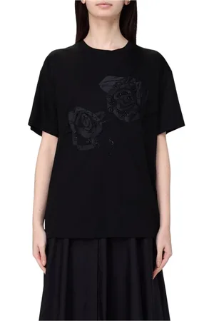 Max Mara Top, Dame, Sort, S, Bomuld, Broderet Rose T-shirt