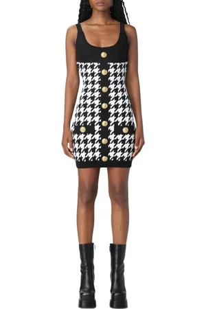 Balmain Kjole, Dame, Sort, S, Elegant Houndstooth Strik Mini Kjole