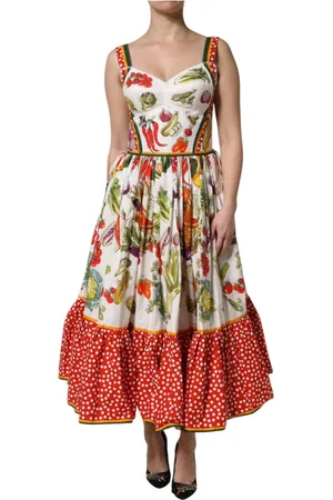 Dolce & Gabbana Kjole, Dame, Flerfarvet, S, Bomuld, Hvid Grøntsager A-line Midi Kjole