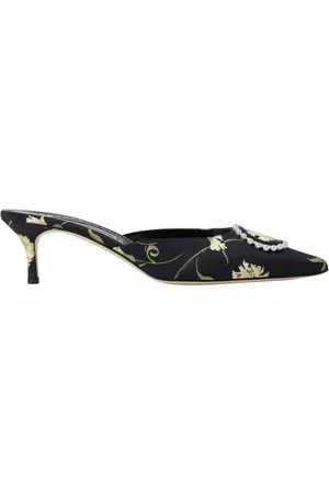 Manolo Blahnik Sko, Dame, Sort, 37 1/2 EU, Læder, Blomstret Mule Mid Hæl
