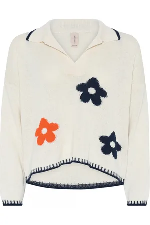 Skovhuus Strik, Dame, Hvid, L, Bomuld, Blomstret Polo Krave Pullover Sweater