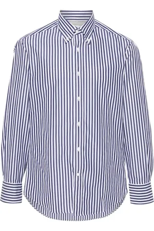 Brunello Cucinelli Skjorte, Herre, Blå, M, Bomuld, Marine Stribet Poplin Skjorte