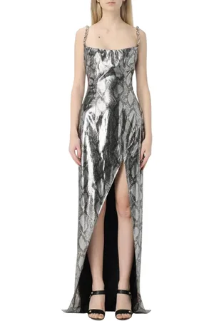 Balmain Kjole, Dame, Grå, 2XS, Elegant Metallic Maxi Kjole