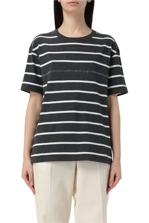 Brunello Cucinelli Top, Dame, Grå, L, Bomuld, Elegant Stribet T-shirt i Grå