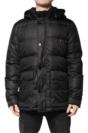 Dolce & Gabbana Jakke, Herre, Sort, XL, Uld, Sort hættet parkafrakke med logo