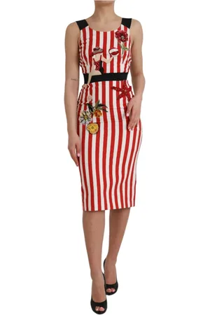 Dolce & Gabbana Kjole, Dame, Flerfarvet, 3XS, Bomuld, Rød Blomstret Sheath Midi Kjole