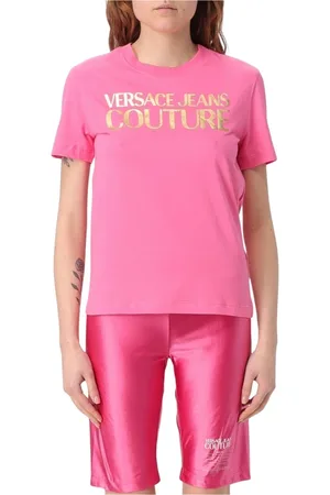 VERSACE Top, Dame, Lyserød, S, Uld, Grafisk Print T-shirt med Logo Detaljer