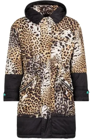 Roberto Cavalli Frakke, Herre, Brun, XL, Leopard-Print Padded Coat med hætte