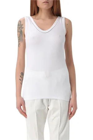 Brunello Cucinelli Top, Dame, Hvid, M, Bomuld, Hvid Ribbet V-hals Ærmeløs Top