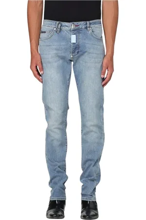 Philipp Plein Jeans, Herre, Blå, W33, Denim, Slidte Slim-Fit Denim Jeans