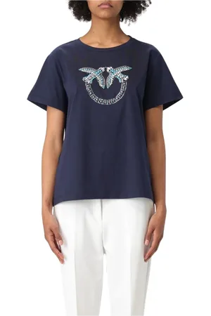Pinko Top, Dame, Blå, XL, Bomuld, Fugl Prydet Tee Hvid Kvinder Casual