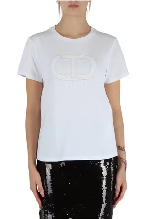 Twin-Set Top, Dame, Hvid, XL, Bomuld, Bomuldst-shirt med logo broderi og perler