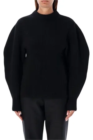 Jil Sander Strik, Dame, Sort, S, Uld, Ribbet Ballonærme Uldtrøje