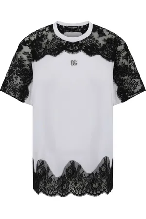 Dolce & Gabbana Top, Dame, Hvid, XS, Bomuld, Ikonisk Logo T-Shirt med Blonder Detalje