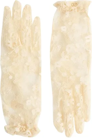 VALENTINO GARAVANI Tilbehør, Dame, Gul, 6 IN, Sort Blomstret Blondehandsker Elegant Stil