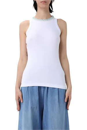 Fabiana Filippi Top, Dame, Hvid, L, Bomuld, Ribbet tanktop med perlehals