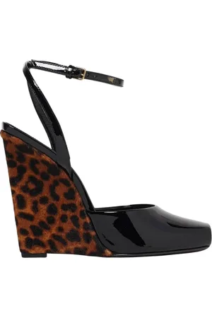 Saint Laurent Sko, Dame, Sort, 37 EU, Læder, Leopard Print Kilehæl Sandaler