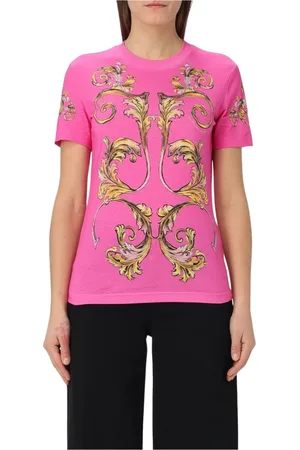 VERSACE Top, Dame, Lyserød, S, Uld, Barok Print Tee Stilfuld Sort Kvinde