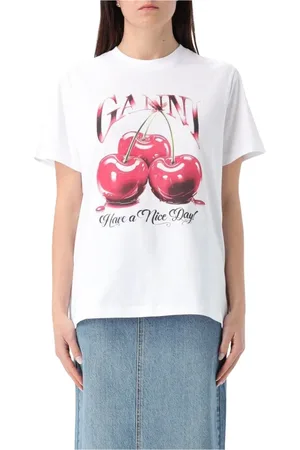 Ganni Top, Dame, Hvid, M, Bomuld, Cherry Grafisk Tee Korte Ærmer