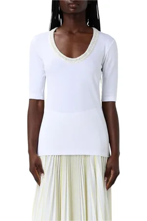 Fabiana Filippi Top, Dame, Hvid, XS, Bomuld, Hvid Beaded Neckline Half Sleeve Top