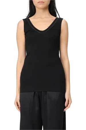 Brunello Cucinelli Top, Dame, Sort, L, Bomuld, Sort Ribbet V-Hals Ærmeløs Top