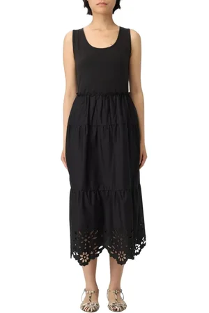 Liu Jo Kjole, Dame, Sort, L, Grøn Midi Kjole med Laser Cut Hem