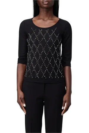 Twin-Set Top, Dame, Sort, XS, Uld, Hvid Ribstrikket Top med Perledetalje