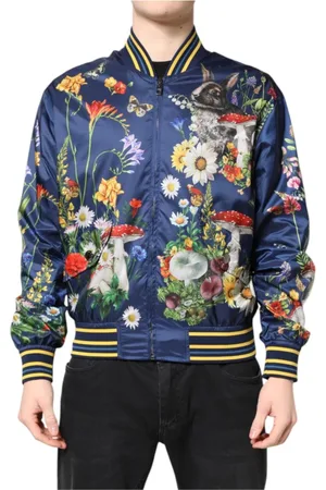 Dolce & Gabbana Jakke, Herre, Flerfarvet, M, Uld, Blå Blomstret Bomberjakke med Lynlås
